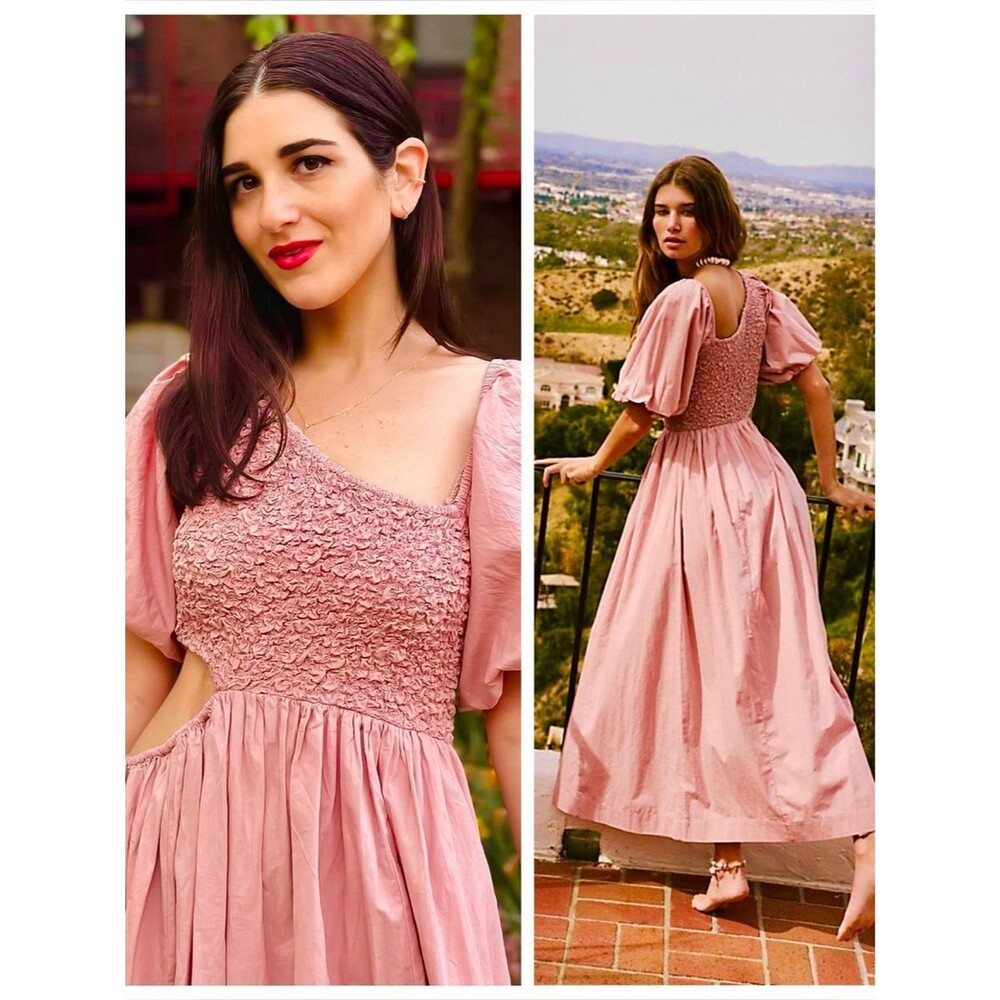 Free People Maxi Dress Pink Kalina Smocked Puff Sleeve Cutout size XS